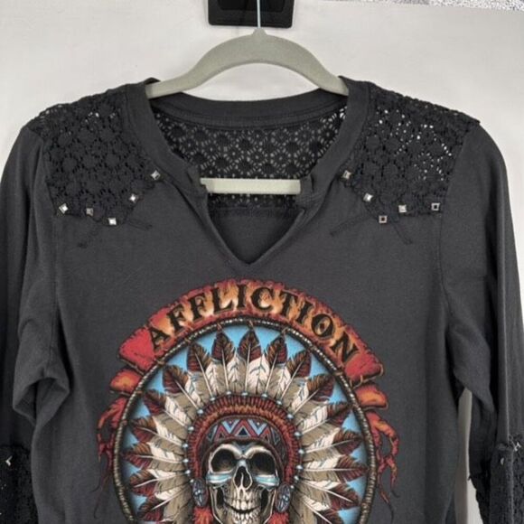 Affliction Women’s Studded Thermal LS T Shirt Cut Out Skeleton Headdress Small - Picture 4 of 8